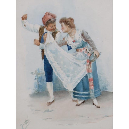 584 - Italian School (c.1900) - 'Couple dancing in traditional costumes', watercolour, indistinctly signed... 