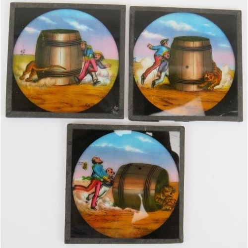 59 - A set of five 19th Century magic lantern slides depicting the story 'The tiger and the tub'. Each sl... 