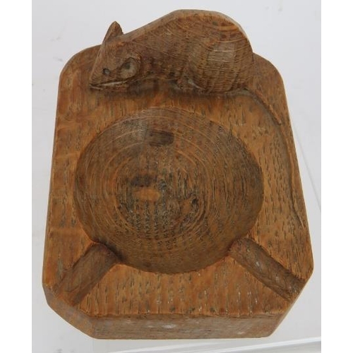 7 - An early Robert 'Mouse Man' Thompson carved oak ashtray with long tailed mouse and ink signature to ... 