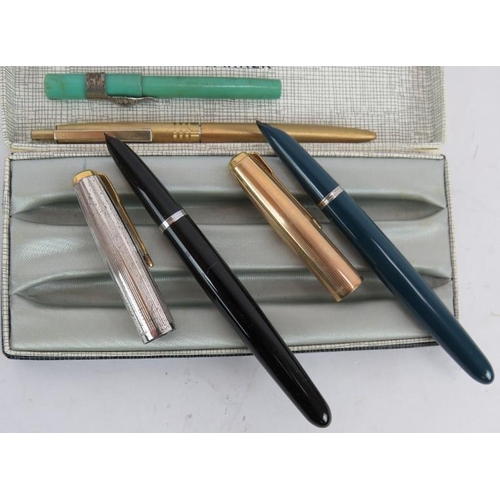 87 - Two vintage Parker fountain pens in a box, one with 12ct rolled gold cap. Plus two ballpoint pens an... 