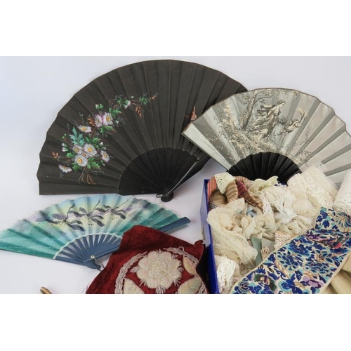 89 - A selection of antique lace and trimmings, three vintage fans and a selection of mainly bone handled... 