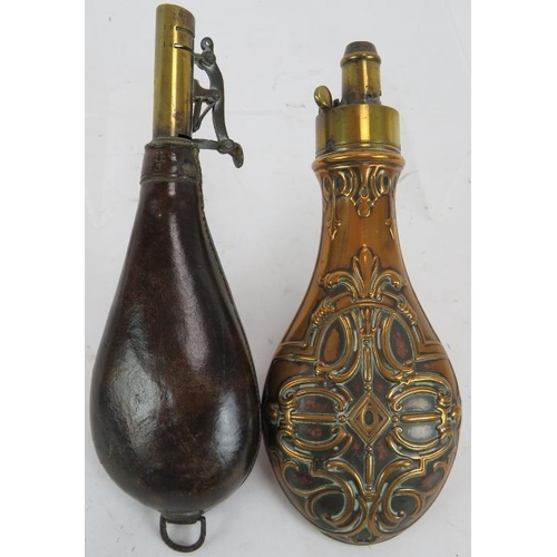 91 - An ornate 19th Century Hawksley copper powder flask, a similar leather shot flask, a James Dixon & S... 