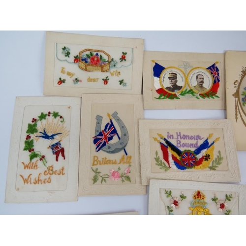 94 - 18 Mainly WWI silk postcards. Four with regimental designs and one depicting Kitchener and Joffre. M... 