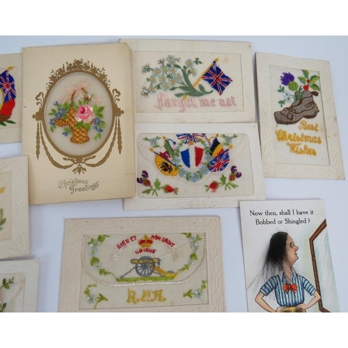 94 - 18 Mainly WWI silk postcards. Four with regimental designs and one depicting Kitchener and Joffre. M... 