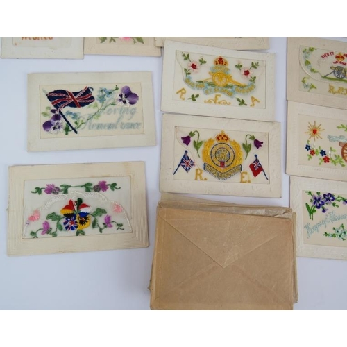 94 - 18 Mainly WWI silk postcards. Four with regimental designs and one depicting Kitchener and Joffre. M... 