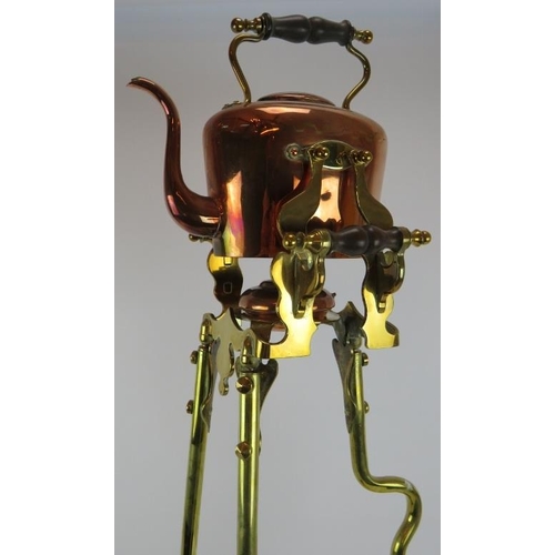 96 - A brass and copper Arts & Crafts spirit kettle on stand, height 98cm, and a small brass spirit kettl... 