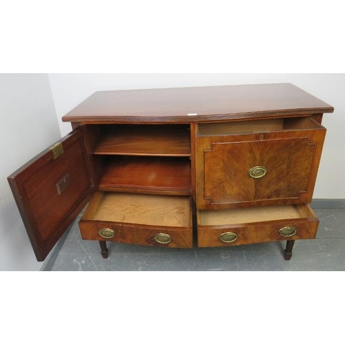 702 - An Edwardian flame mahogany sideboard with reeded edge, housing one cupboard and one deep drawer wit... 