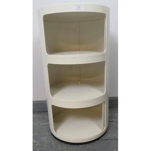 713 - A mid-century modern white acrylic drum cabinet by Kartell, of three compartments with sliding doors... 