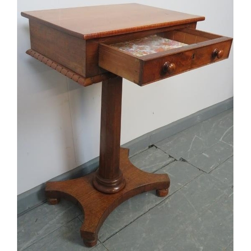 725 - A Victorian mahogany work table with cock-beaded single drawer, on a tapering octagonal pedestal and... 