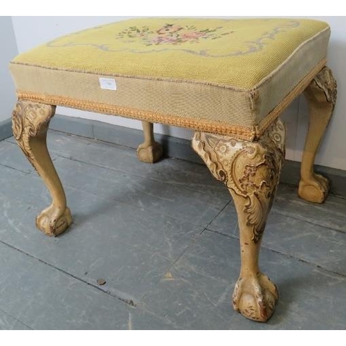 746 - A Georgian style dressing  stool with tapestry seat, on acanthus carved cabriole supports with claw ... 