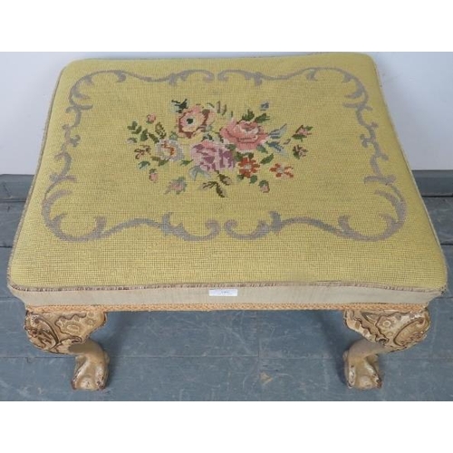 746 - A Georgian style dressing  stool with tapestry seat, on acanthus carved cabriole supports with claw ... 