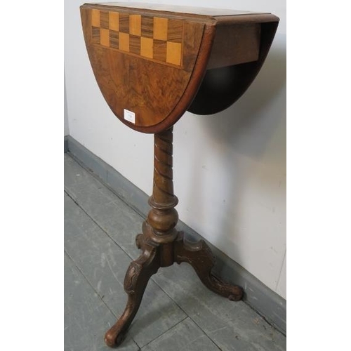 759 - A 19th century burr walnut oval drop-leaf chess table, with parquetry inlaid chessboard in rosewood ... 