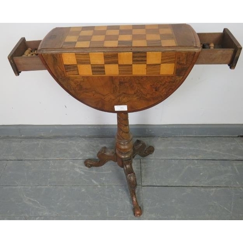 759 - A 19th century burr walnut oval drop-leaf chess table, with parquetry inlaid chessboard in rosewood ... 