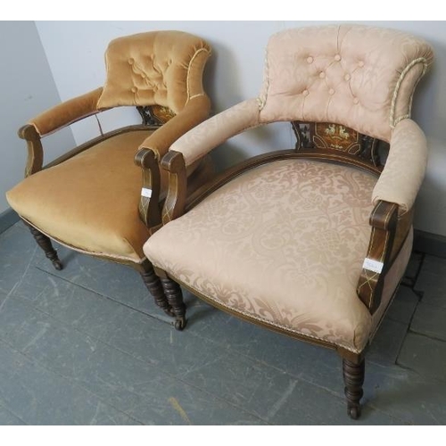 764 - A pair of Edwardian mahogany tub chairs, strung with satinwood and with marquetry inlay depicting ch... 