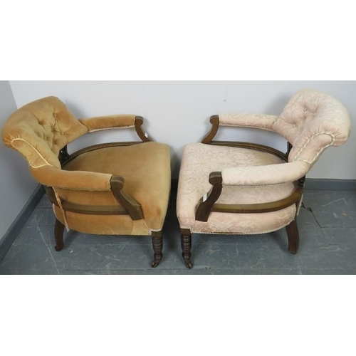 764 - A pair of Edwardian mahogany tub chairs, strung with satinwood and with marquetry inlay depicting ch... 