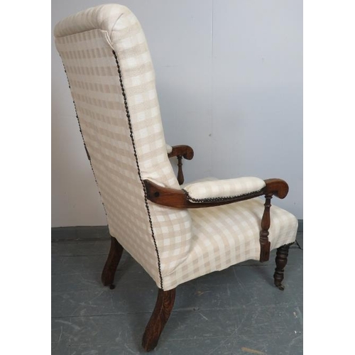 766 - An early Victorian rosewood open-sided high back armchair, upholstered in a cream checked material, ... 