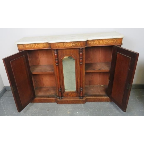 769 - A 19th century breakfront walnut credenza, with white marble top and marquetry inlaid frieze, the do... 