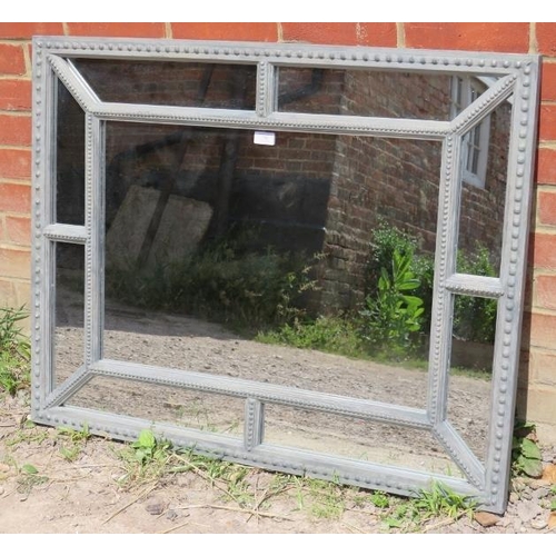 780 - A contemporary rectangular wall mirror with sectioned wooden surround painted distressed grey. 
Cond... 