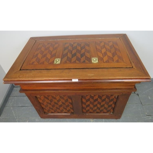 781 - A vintage pitch pine chest with parquetry diamond pattern inlay to all sides and top, the lid openin... 