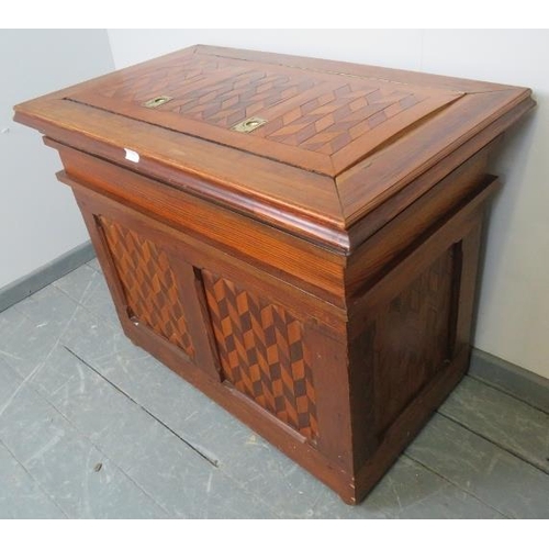 781 - A vintage pitch pine chest with parquetry diamond pattern inlay to all sides and top, the lid openin... 