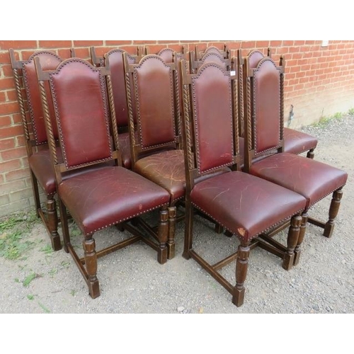 818 - A set of 10 early 20th century period style solid oak dining chairs, upholstered in distressed brown... 