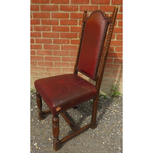 818 - A set of 10 early 20th century period style solid oak dining chairs, upholstered in distressed brown... 