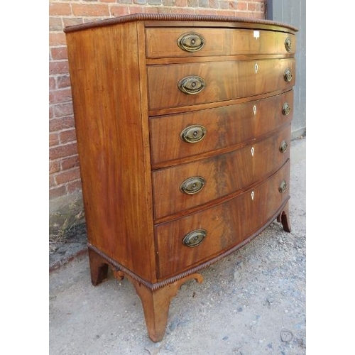 841 - A Regency Period flame bow fronted mahogany chest of four long graduated drawers, featuring beaded e... 