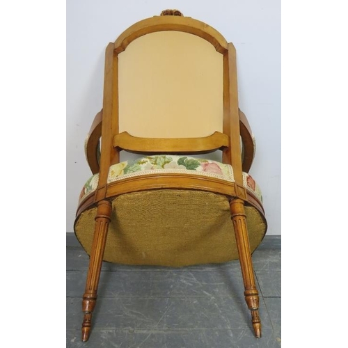 845 - A vintage French fruitwood tapestry seat open sided armchair with carved cornice, on tapering reeded... 