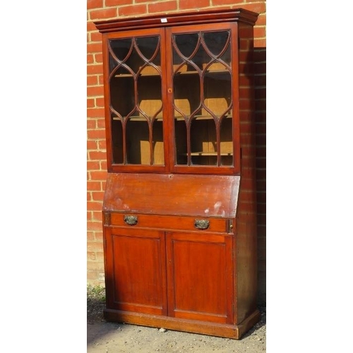 846 - An Edwardian mahogany bureau bookcase, with astral glazed doors, fall front bureau section over one ... 