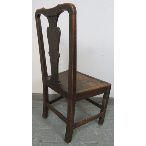 861 - An 18th century Georgian oak hall chair, with shaped back splat, on inner chamfered square supports ... 