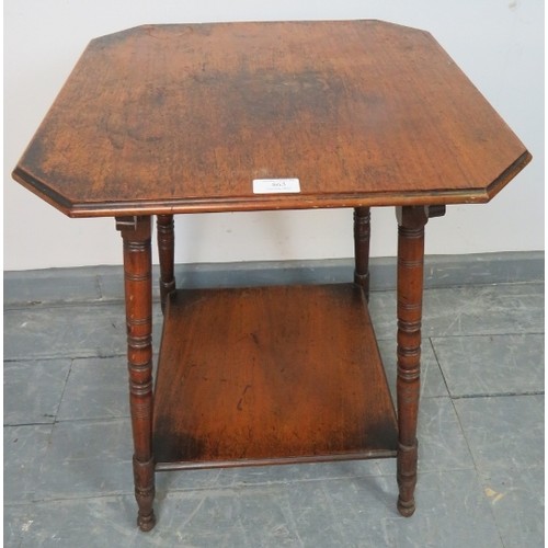 862 - An Edwardian mahogany two tier square occasional table, on canted ring turned supports.
With carved ... 