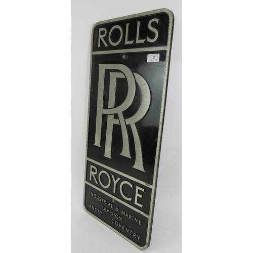 27 - A Rolls Royce Industrial and Marine Division metal and enamelled sign, removed from a London based R... 