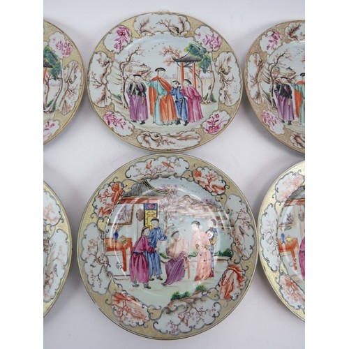 51 - A set of 9 18th century Chinese porcelain plates decorated with coloured enamel figurative panels wi... 