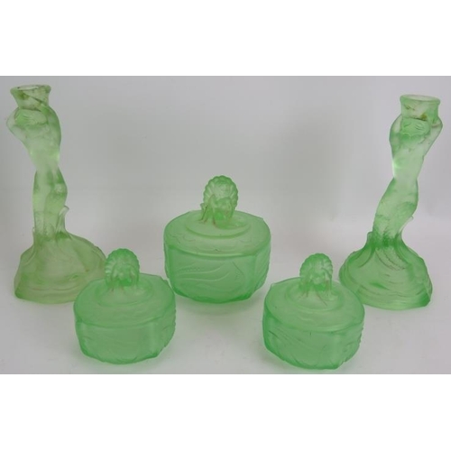 An Art Deco Green Uranium Glass Six Piece Mermaid Dressing Table Set By Walther And Sohne Tray 36cm 0145