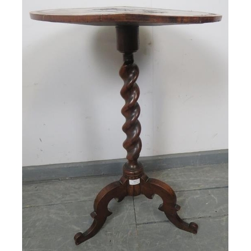 843 - A 19th century walnut occasional wine table featuring Tunbridge ware inlay, on a barley twist column... 