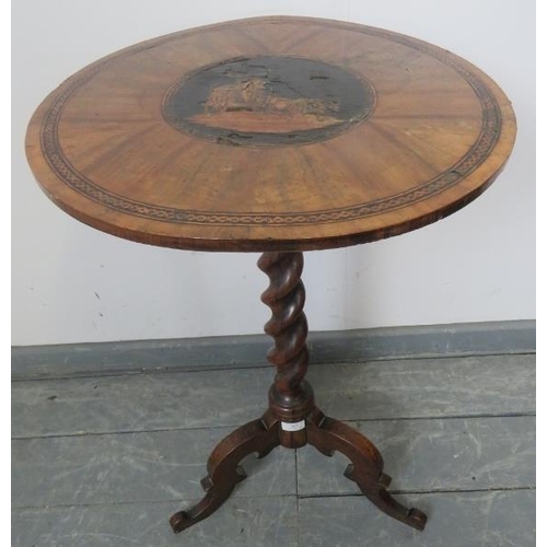 843 - A 19th century walnut occasional wine table featuring Tunbridge ware inlay, on a barley twist column... 