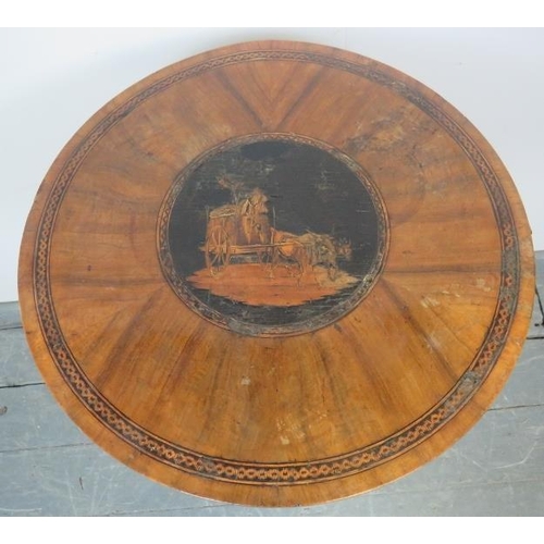 843 - A 19th century walnut occasional wine table featuring Tunbridge ware inlay, on a barley twist column... 