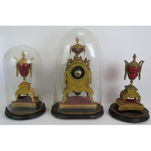 1 - A late 19th century gilt and porcelain clock garniture by A.G. Mougin. Striking movement Number 5903... 