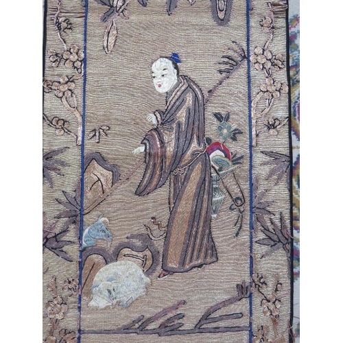 107 - A late 19th century Chinese silk wall hanging depicting a seated sage (170cm x 75cm) and a similar s... 