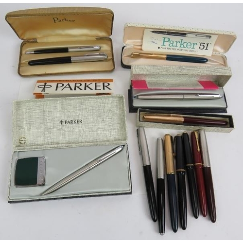 115D - Five boxed Parker fountain and ball pens including a Parker 51 and seven other Parker fountain pens,... 