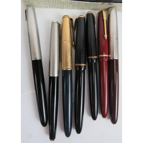 115D - Five boxed Parker fountain and ball pens including a Parker 51 and seven other Parker fountain pens,... 