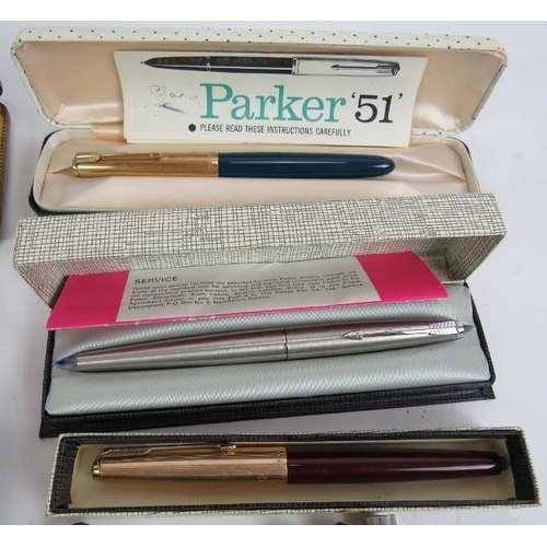 115D - Five boxed Parker fountain and ball pens including a Parker 51 and seven other Parker fountain pens,... 