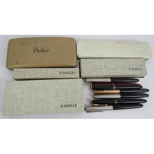 115D - Five boxed Parker fountain and ball pens including a Parker 51 and seven other Parker fountain pens,... 