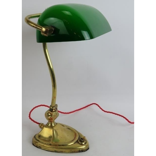 117 - A 1920s Art Nouveau brass banker's desk lamp with green glass shade recently refurbished. Height 40c... 