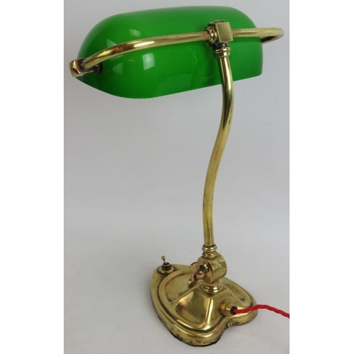 117 - A 1920s Art Nouveau brass banker's desk lamp with green glass shade recently refurbished. Height 40c... 