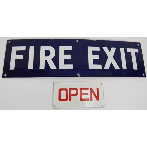 12 - A vintage blue and white enamel fire exit sign and a similar 'Open' sign. Largest 46cm x 13cm. (2).
... 