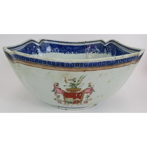 138 - An 18th century Chinese porcelain armorial bowl, two early 19th century blue and white bowls and a p... 