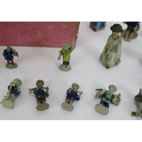 154 - A collection of miniature Chinese ceramic figures of humans and animals, most partly glazed. Tallest... 