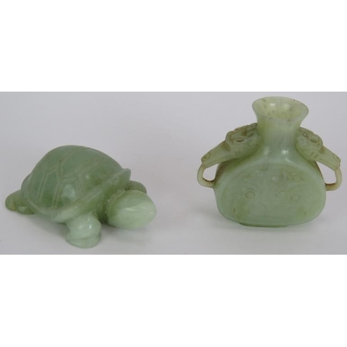 155 - A Chinese carved nephrite jade lidded censer and box, a carved greenstone Buddha on stand, a carved ... 