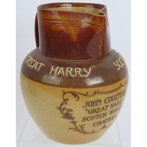 163 - A rare Doulton Lambeth stoneware jug for John Coulter's Great Harry Scotch Whisky Chatham, a stonewa... 